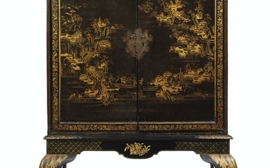 A CHINESE EXPORT BLACK AND GILT-LACQUER CABINET ON STAND, THE CABINET EARLY 19TH CENTURY, THE STAND LATER