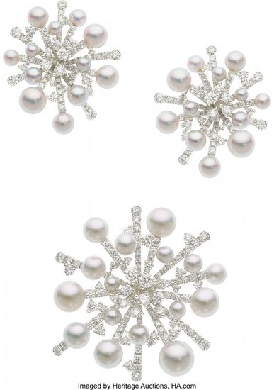 55003: Diamond, Cultured Pearl, White Gold Jewelry Suit