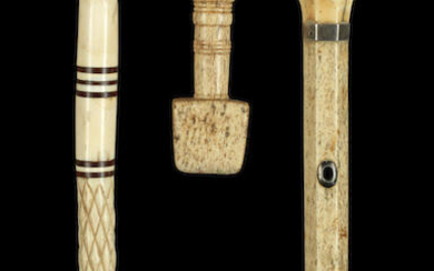 A whale bone and ivory walking stick,, English, mid 19th century