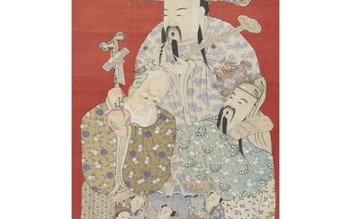 A large Chinese embroidered silk panel, Three Star Gods