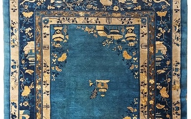 7 x 9 Art Deco Pejing Chinese Blue Rug Antique Carpet