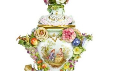 A Meissen two handled flower encrusted porcelain vase