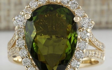7.48Carat Natural Green Tourmaline And Diamond Ring In 18K Yellow Gold