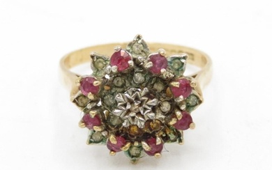 9ct gold diamond & ruby floral cluster ring (3.2g) Size O