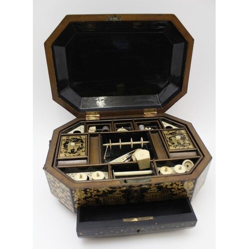 A 19TH CENTURY CHINESE CANTON EXPORT LACQUER SEWING BOX, can...