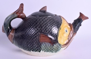 A 19TH CENTURY FRENCH MAJOLICA CARP TEAPOT AND COVER.