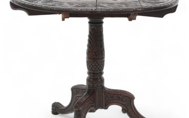A 19th century stained oak Jacobean style carved drop end ta...