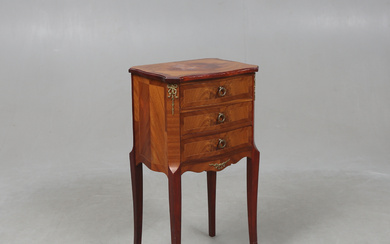 A 20th century Louis XVI style chest of drawers and bedside tables.