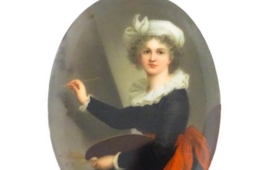 A 20thC Italian watercolour on porcelain oval plaque depicting Marie Elizabeth Louise Vigee Le Brun