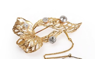A 9ct gold diamond ribbon bow brooch, c.1965
