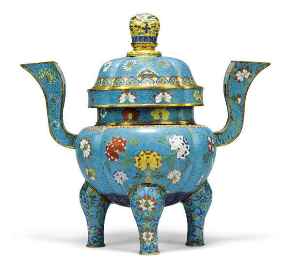 A CHINESE CLOISONNE ENAMEL 'FLORAL' LARGE TRIPOD CENSER AND COVER, 19TH CENTURY