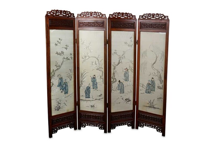 A CHINESE EMBROIDERED FOUR-PANEL 'SCHOLARS' SCREEN.