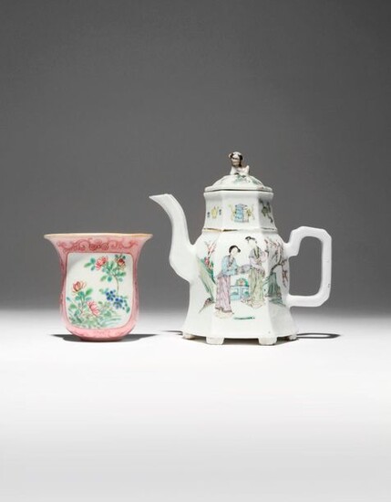 A CHINESE FAMILLE ROSE WALL VASE AND A HEXAGONAL-SECTION TEAPOT...
