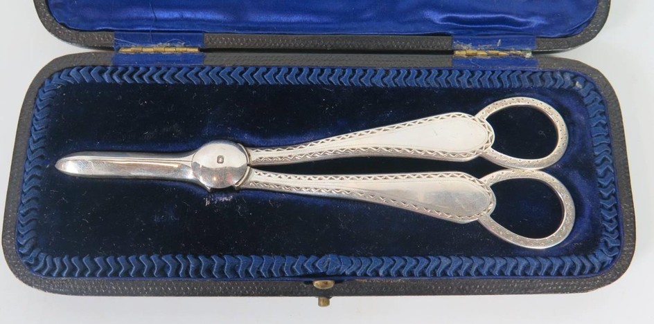 A Cased Pair of Edward VII Bright Cut Silver Grape Scissors,...