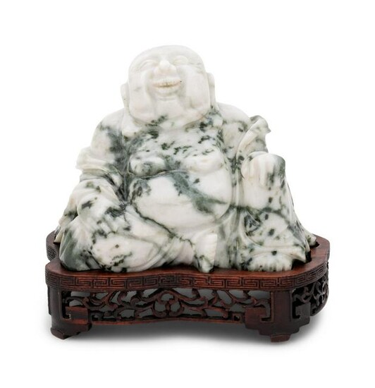 A Chinese Green and White Hardstone Figure of Laughing