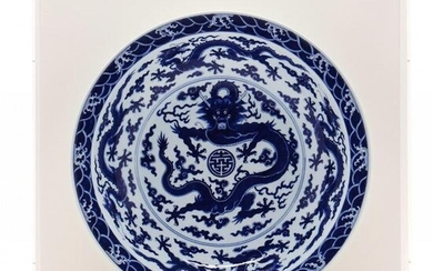 A Chinese Imperial Blue and White Porcelain Dragon Dish