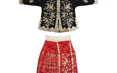 A Chinese embroidered wedding robe jacket and skirt 1930s Comprising a slim-sleeve...