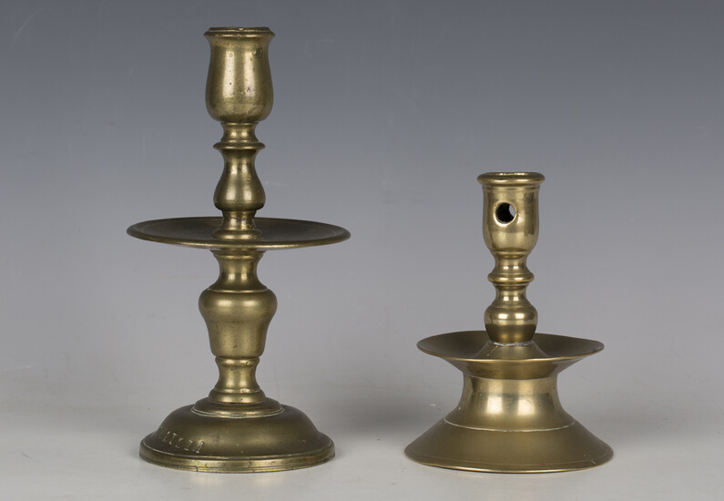 A Dutch brass Heemskirk candlestick, late 17th/early 18th century, the base detailed 'Iglesia