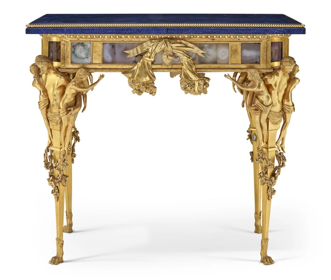 A FRENCH ORMOLU, AGATE-INSET AND LAPIS LAZULI CENTER TABLE MODERN