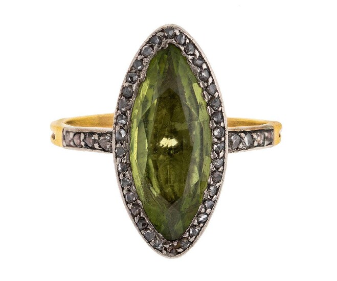 A French Belle Epoque gold, peridot and diamond cluster ring, the close-set foiled back peridot, with platinum-set rose-cut diamond border and shoulders, to a reeded hoop, French assay mark, numbered 7641, ring size I