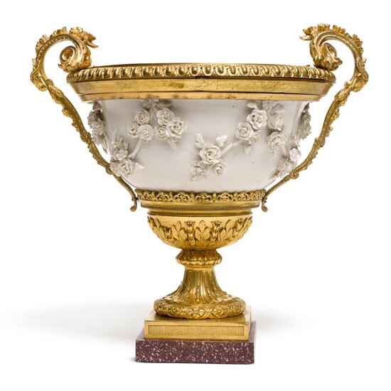 A French gilt-bronze mounted white porcelain and porphyry bowl, the gilt bronze socle and base second quarter 19th century, the porcelain Samson and circa 1880