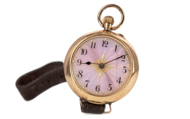 A GOLD OPEN FACED ENAMELLED POCKET WATCH