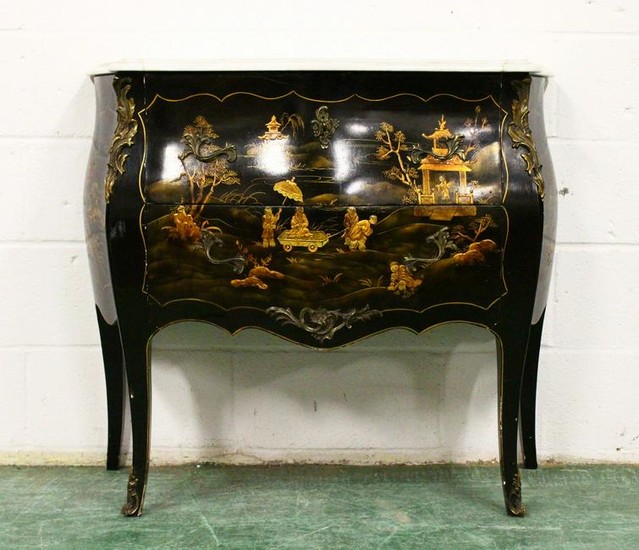 A GOOD LOUIS XVITH STYLE LACQUER BOMBE FRONTED COMMODE