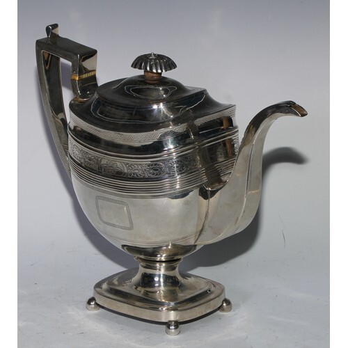 A George III silver boat shaped pedestal coffee pot, hinged ...