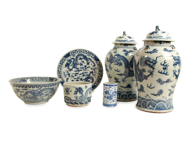 A Group of Six Chinese Blue and White Porcelain Articles