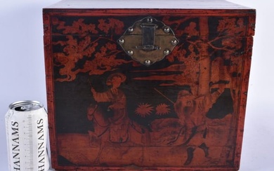 A LARGE CHINESE QING DYNASTY RED LACQUERED COUNTRY HOUSE BOX decorated with figures in landscapes. 2