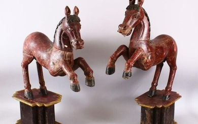 A LARGE PAIR OF CHINESE TANG STYLE CARVED WOODEN HORSE