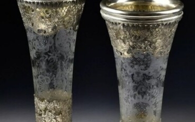A LARGE PAIR OF GERMAN ETCHED GLASS AND SILVER VASES
