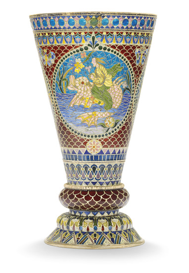 A LARGE PLIQUE-À-JOUR ENAMEL SILVER-GILT GOBLET, MARKED P. OVCHINNIKOV WITH IMPERIAL WARRANT, MOSCOW, 1908-1917