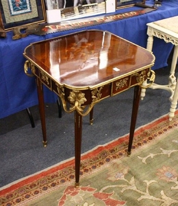 A LOUIS XVITH DESIGN SQUARE TOP TABLE, with marquetry