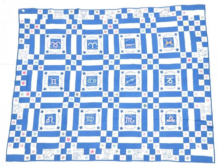 A Large 20th Century Blue and White Cotton Patchwork 'Signs...
