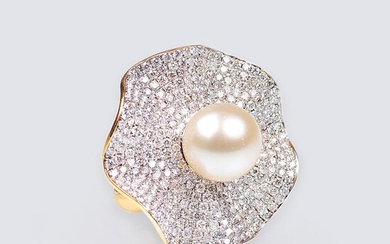 A Large Diamond Cocktailring with Southsea Pearl