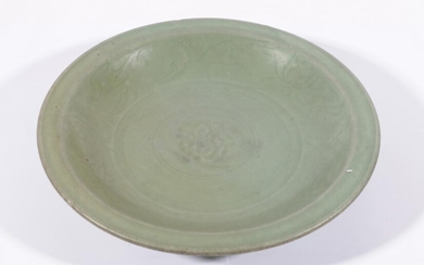 A Large Ming Celadon Dish with Impressed Floral Central Medallion and Well Shaped Lotus Border (Dia: 34cm)