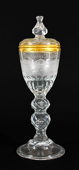 A Lauenstein Glass ''Die Landes Wollfarth'' Goblet and Cover, mid 18th century, the ovoid bowl...