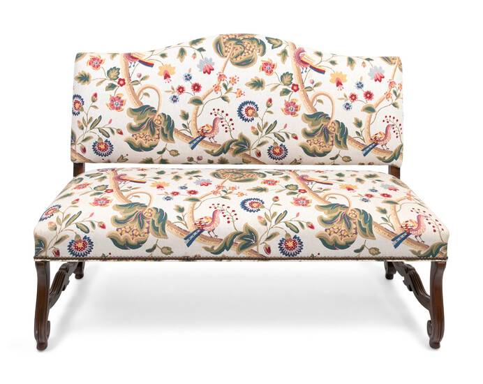 A Louis XIV Style Walnut Bench with Faux Crewelwork Upholstery