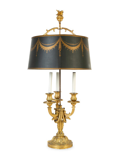 A Louis XVI Style Gilt Bronze Bouillotte Lamp with Tole Shade