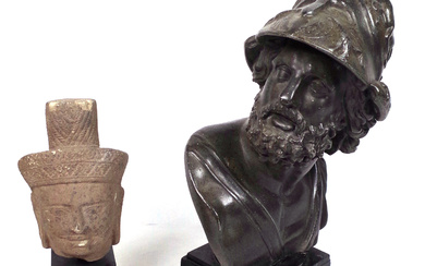 A MODERN COMPOSITE BRONZE BUST OF PERICLES AND A KHMER STYLE STONE HEAD OF A BUDDHA (2)
