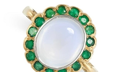 A MOONSTONE AND EMERALD CLUSTER RING in 18ct yellow