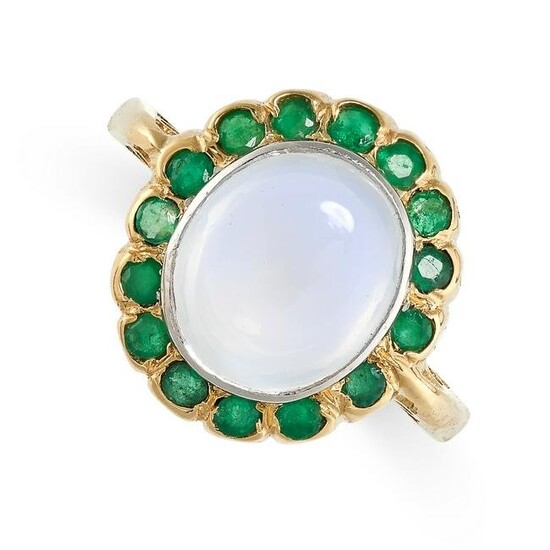 A MOONSTONE AND EMERALD CLUSTER RING in 18ct yellow
