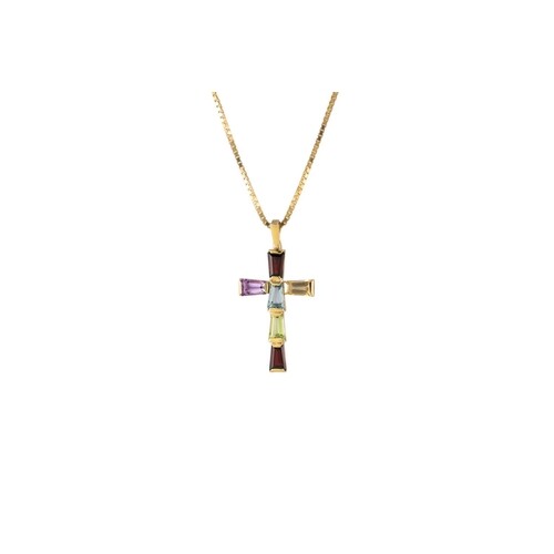 A MULTI GEM SET CROSS, mounted in 14 ct yellow gold, to a 1...