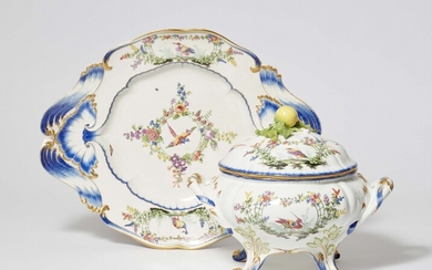 A Meissen porcelain tureen and platter with bird decor