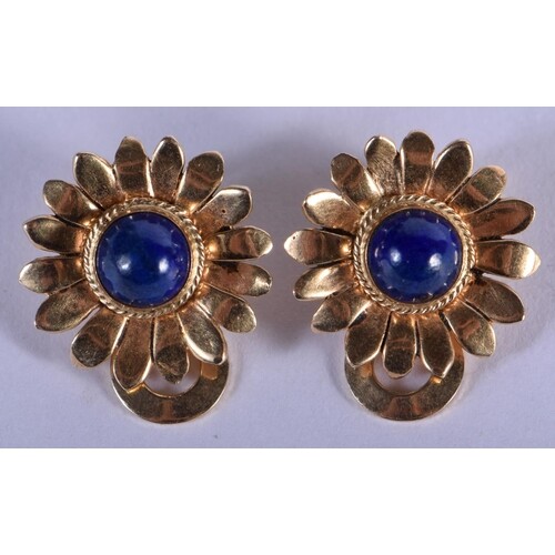 A PAIR OF 14CT GOLD AND LAPIS LAZULI EARRINGS. 10.2 grams. 2...
