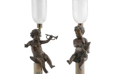 A PAIR OF ANTIQUE BRONZE AND MARBLE SCULPTURAL LANTERNS French, late 19th century