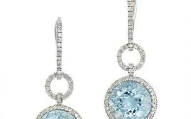 A PAIR OF AQUAMARINE AND DIAMOND DROP EARRINGS in platinum, each comprising a hoop set with a row of