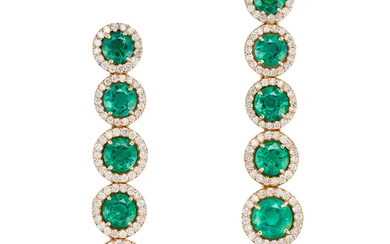 A PAIR OF EMERALD AND DIAMOND DROP EARRINGS each c ...