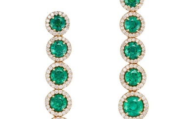 A PAIR OF EMERALD AND DIAMOND DROP EARRINGS each comprising a row of round cut emeralds in border...